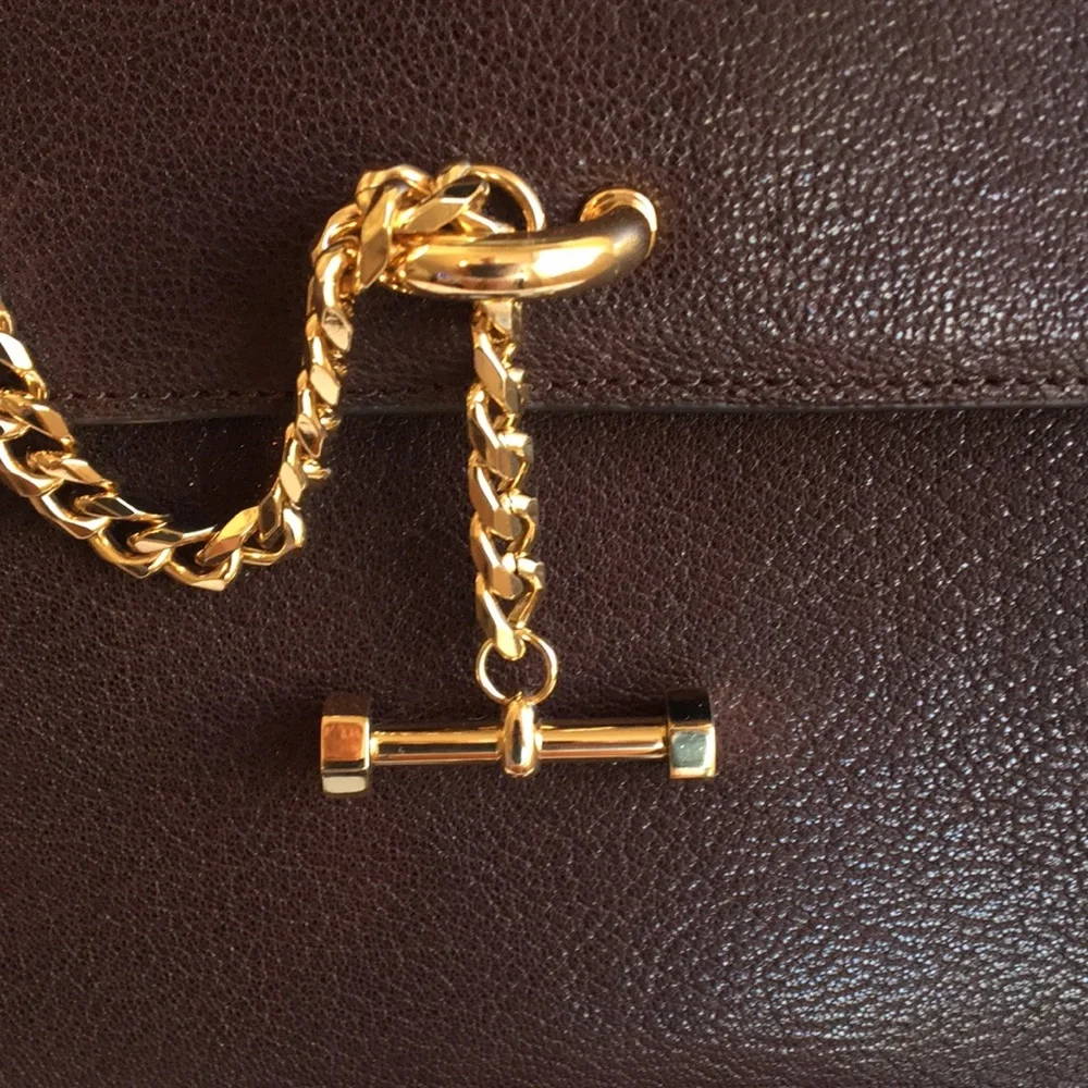 Elegant Dark Brown Top-Handle Satchel with Gold Chain Accent